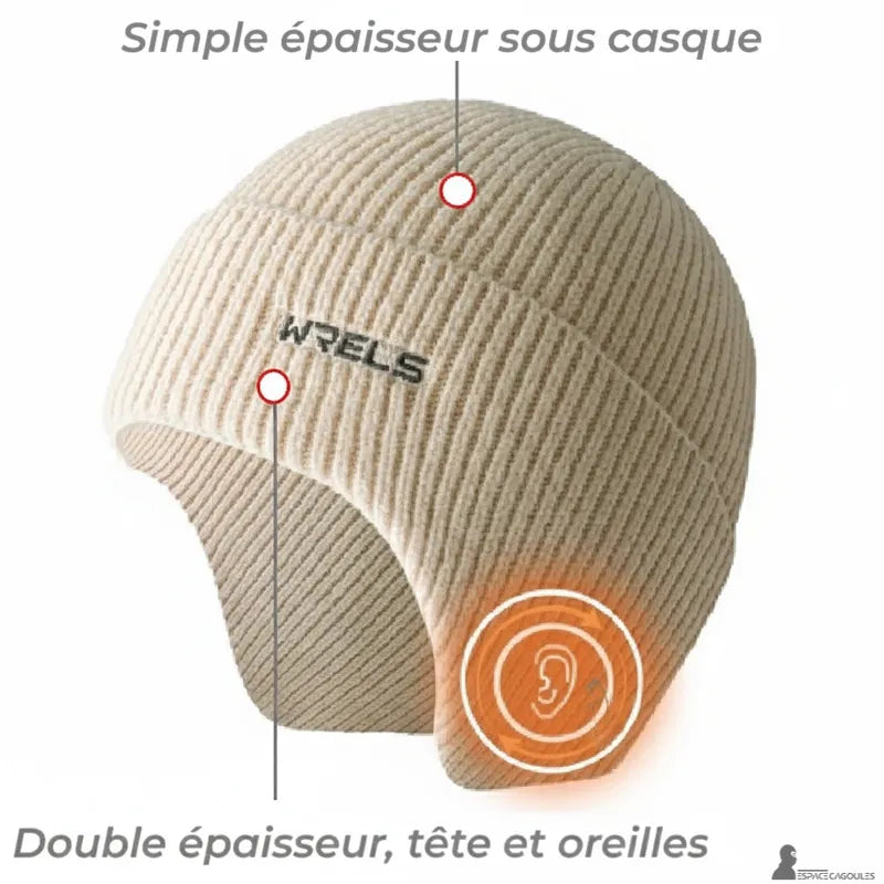 Bonnet sous casque ski tricoté avec zone mono-couche sous casque et double épaisseur sur le front et les oreilles, vue de profil explicative - Espace Cagoules