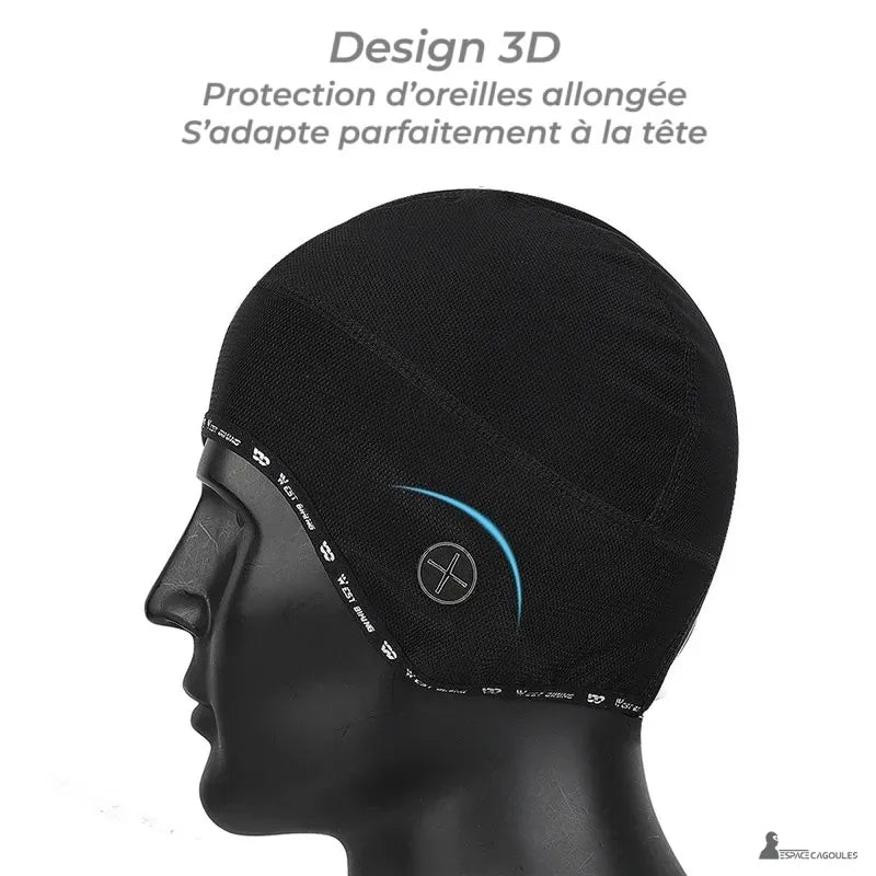 Bonnet sous casque velo noir en présentation profil avec design 3D et protection des oreilles