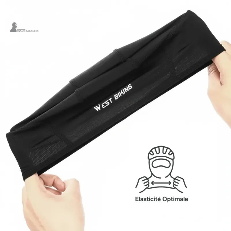 Bonnet sous Casque Vélo été noir extensible avec démonstration d’élasticité optimale par traction