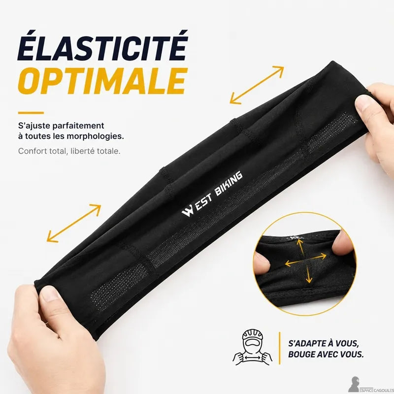 Bonnet sous casque vélo été noir en soie glacée étiré entre deux mains démontrant son élasticité optimale - Espace Cagoules