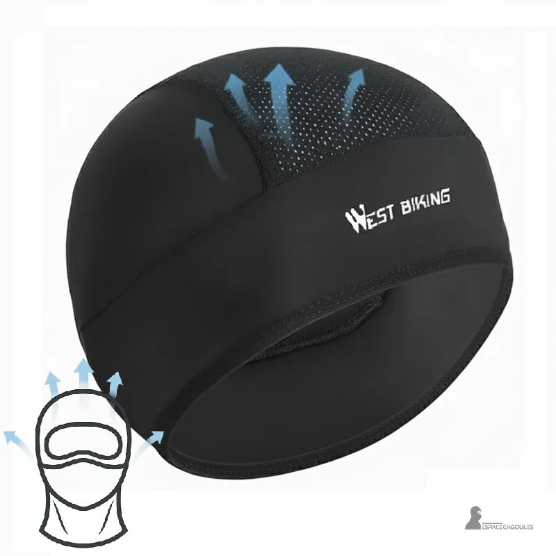 Mütze unter dem Helm Sommerschwarz mit atmungsaktiven Zonen und Pfeilen, die die Wärmeableitung anzeigen