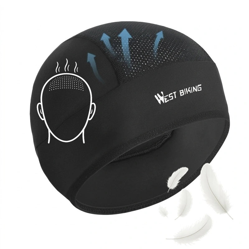 Bonnet sous Casque Vélo été noir avec zones respirantes et flèches montrant l’évacuation de la chaleur