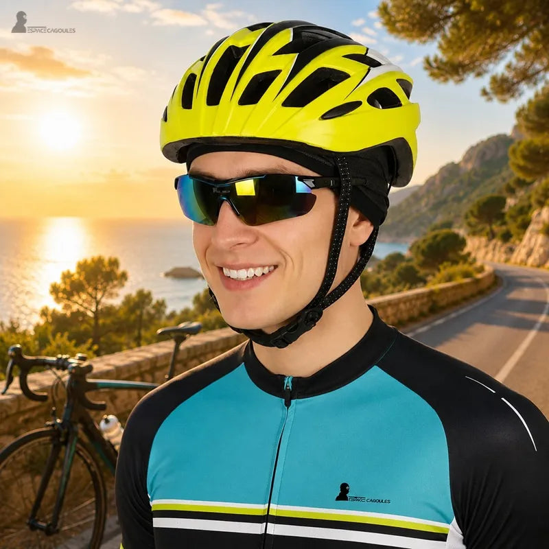 Bonnet sous casque vélo été porté sous un casque par un cycliste sur route au coucher du soleil - Espace Cagoules