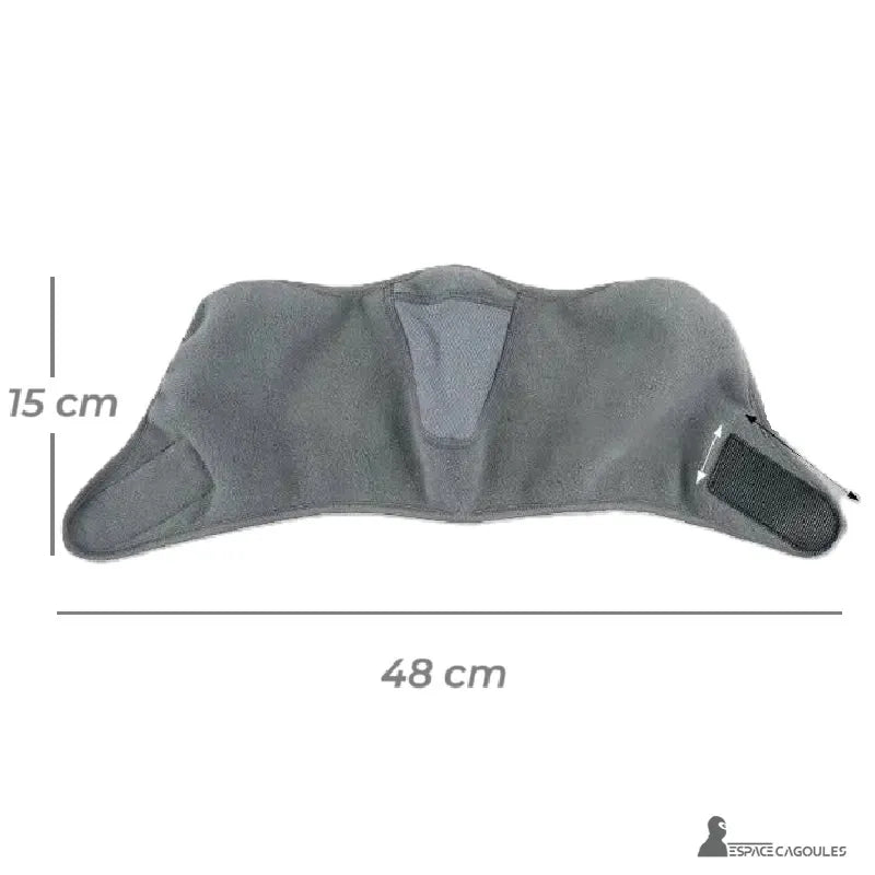 Cache cou cagoule femme vue à plat avec dimensions 48 cm par 15 cm et zones renforcées visibles
