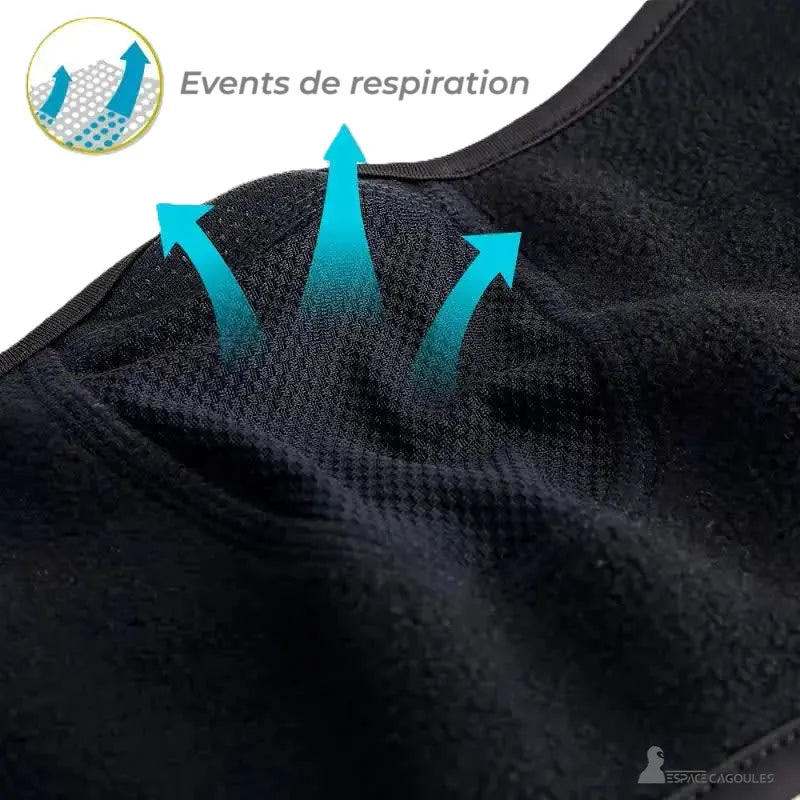 Cache cou cagoule femme détail zones de respiration en maille avec aérations illustrées par flèches bleues