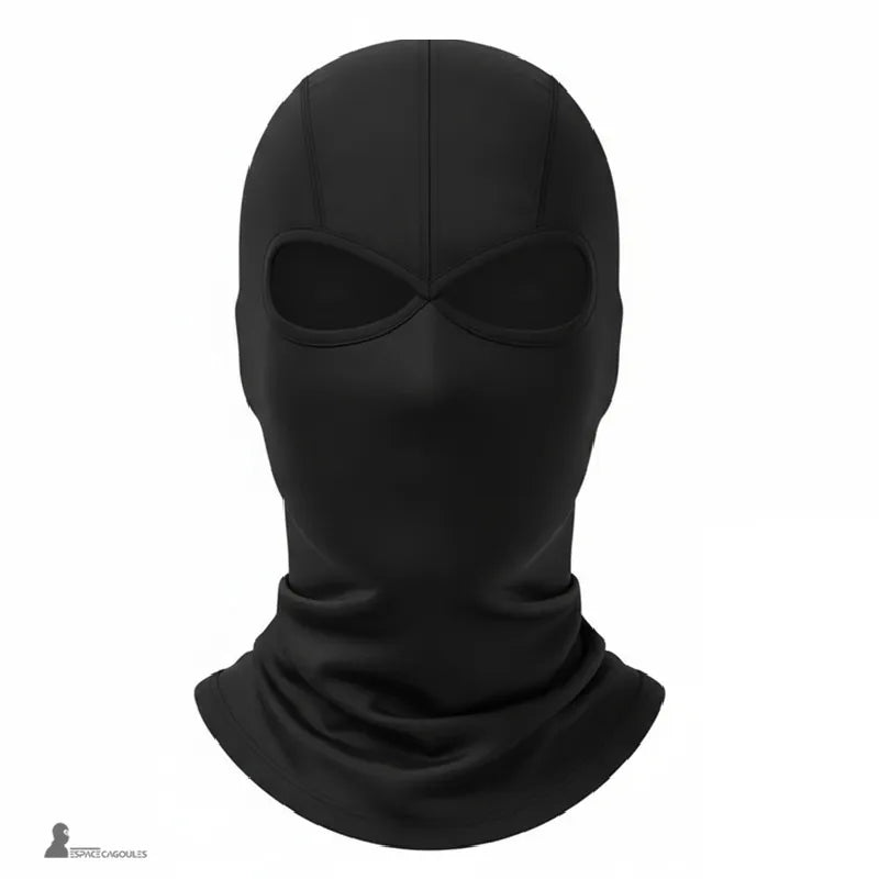 Svart balaclava med två hål, presenterad ensam på ljus bakgrund, sett framifrån centrerat utan mannekäng. - Utrymme för balaclavor.