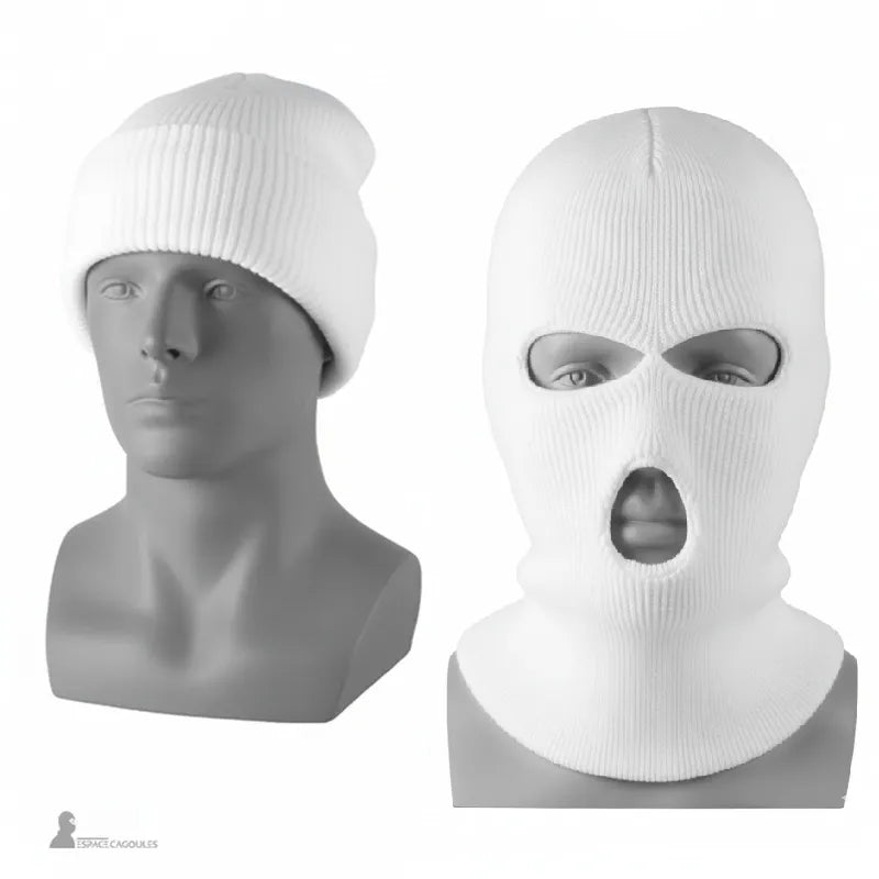 Cagoule 3 trous blanche polyvalente présentée sur mannequin, utilisable comme bonnet classique ou comme cagoule intégrale