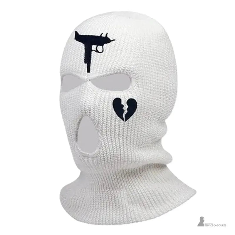 Cagoule 3 trous blanche avec broderie noire en forme de cœur brisé sur le visage