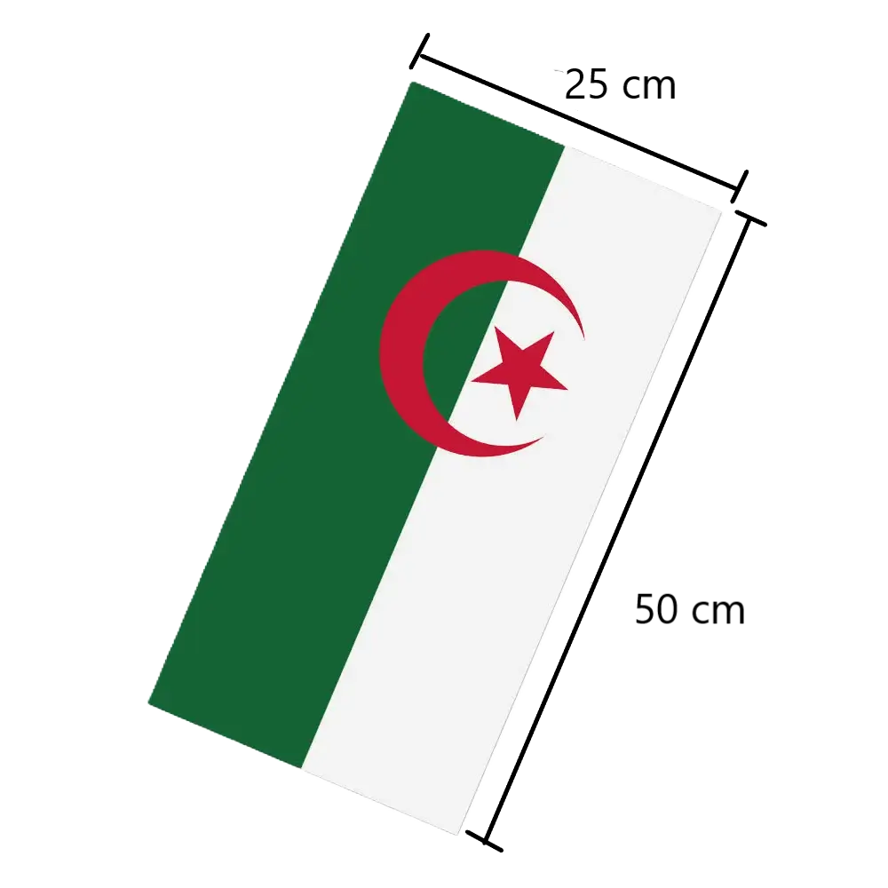 En algerisk balaklava med sina mått i lätt och andningsbart tyg, helt utfälld för att avslöja trycket av den algeriska flaggan. Det böljande, stretchiga tyget ger en bekväm passform för olika användningsområden.