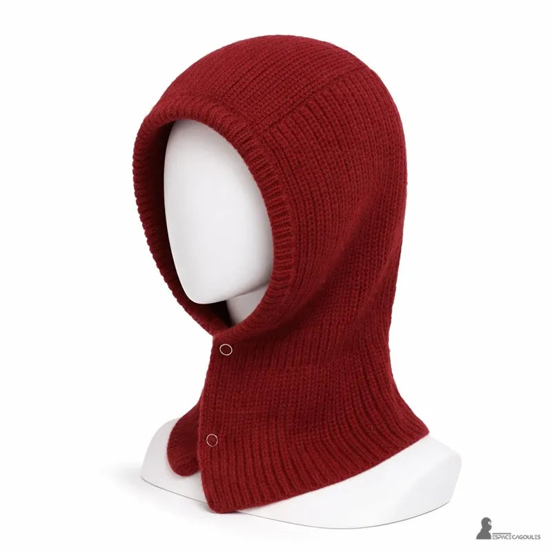 Passamontagna anni '90 bordeaux in maglia su manichino vista di profilo con finitura sotto il mento e stile retrò - Spazio Cagoule