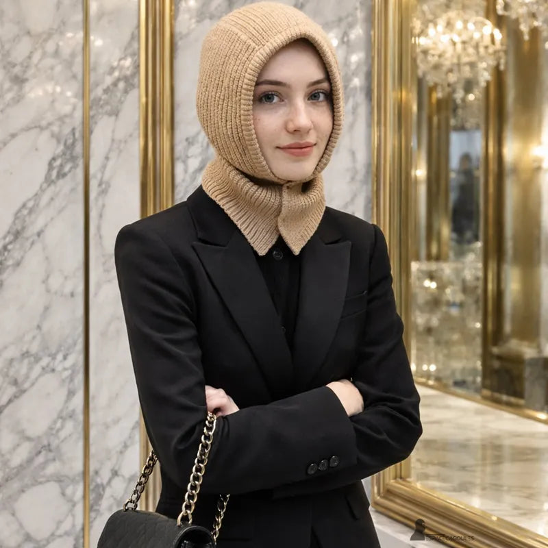 Passamontagna anni '90 beige indossata da una donna in abbigliamento elegante vista frontalmente in un interno in marmo con un'aria rétro - Spazio Cagoule.