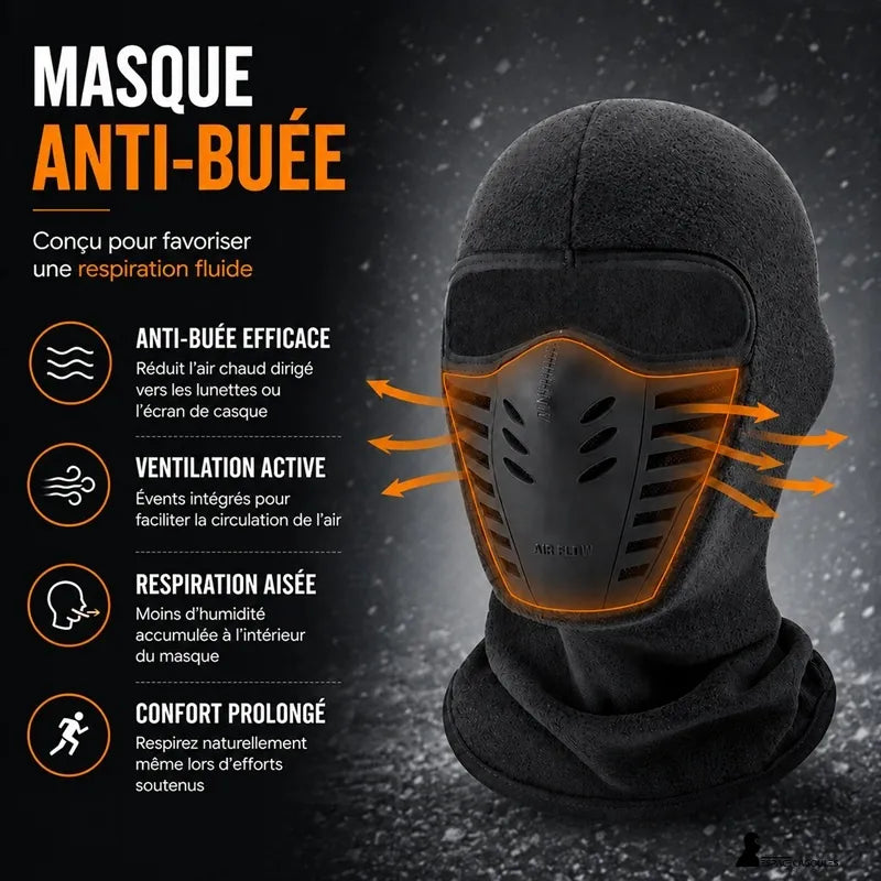 Cagoule anti-buée noire en polaire, schéma du masque ventilé dont les évents dirigent l'air expiré vers l'extérieur pour limiter la condensation - Espace Cagoules
