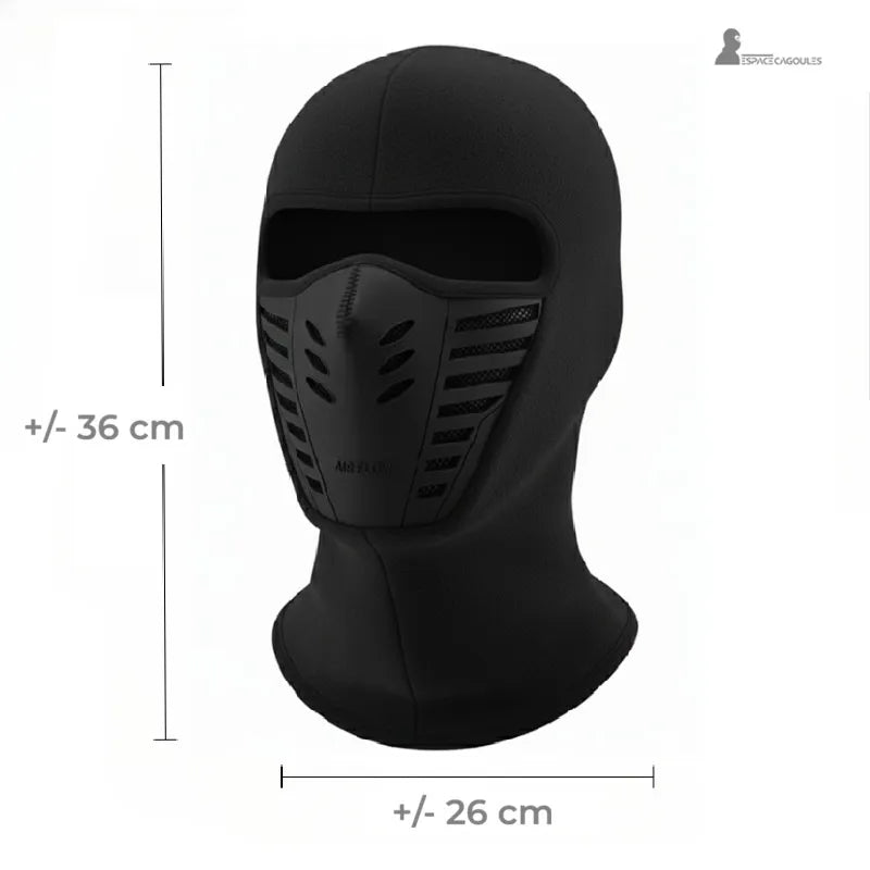 cagoule anti buée – Cagoule noire illustrée avec ses dimensions détaillées montrant la hauteur et la largeur du modèle – Espace Cagoules