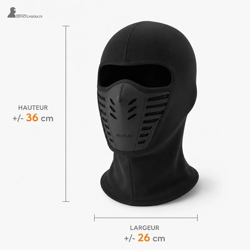 Cagoule anti-buée noire en polaire avec masque ventilé, schéma des dimensions d'environ 36 cm de hauteur sur 26 cm de largeur - Espace Cagoules
