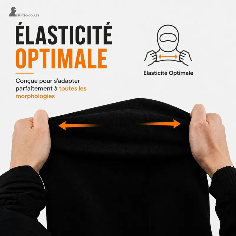 Cagoule anti-buée polaire noire étirée à deux mains pour démontrer l'élasticité du tissu qui s'adapte à toutes les morphologies - Espace Cagoules