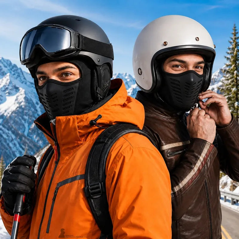 Cagoule anti-buée noire en polaire portée sous un casque de ski et un casque moto jet par deux hommes en montagne enneigée - Espace Cagoules