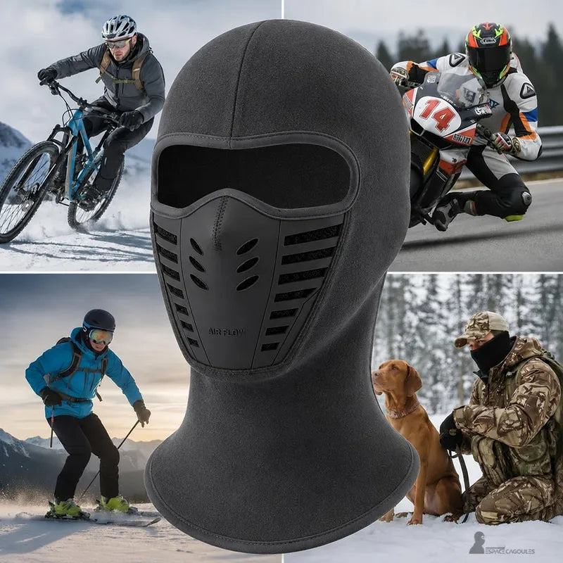 Cagoule anti-buée noire en polaire avec masque facial ventilé, entourée de vignettes d'usage en vélo, moto, ski et chasse en environnement hivernal - Espace Cagoules