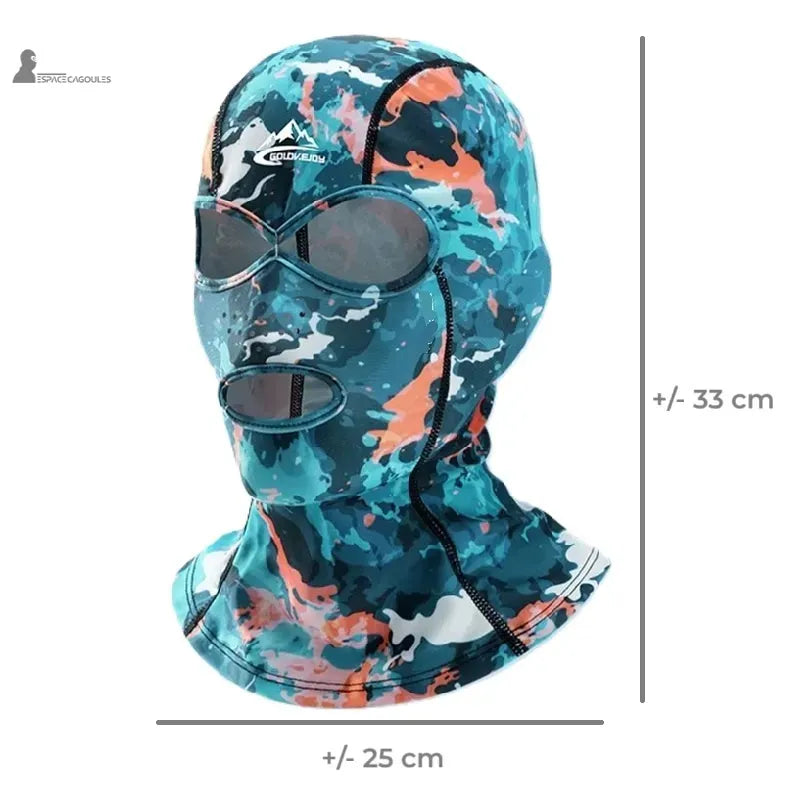 Mått på UPF 50 anti UV-balaclava + blått och orange kamouflage, höjd och bredd anges för optimal passform – Espace Cagoules