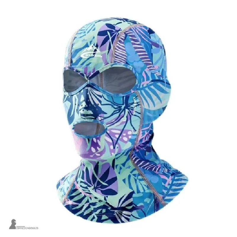 Cagoule anti UV UPF 50 + à motifs bleus et violets avec feuillage tropical, protection du visage et du cou contre les UV – Espace Cagoules