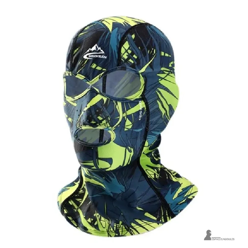 Cagoule anti UV UPF 50 + à motifs verts et bleus avec design tropical, protection solaire intégrale pour le visage – Espace Cagoules