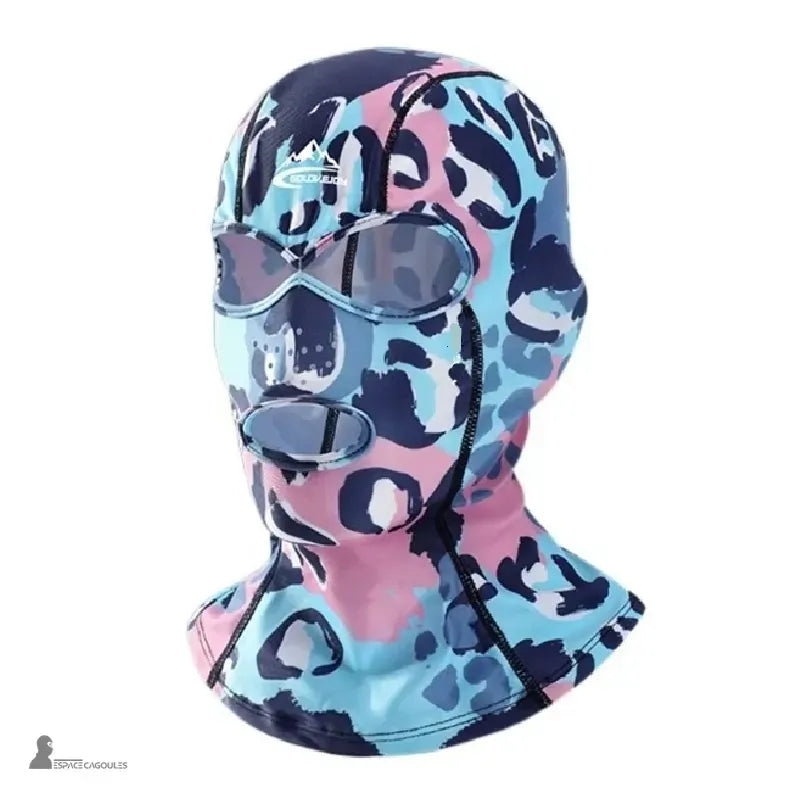 UPF 50+ anti UV-balaclava med blått och rosa leopardtryck, andningsbart och stretchigt tyg för vattenaktiviteter – Espace Cagoules