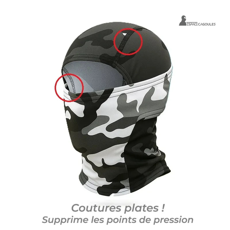 Cagoule balaclava moto camouflage noir et blanc avec coutures plates pour supprimer les points de pression
