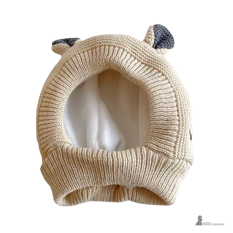 Cagoule Bébé 6 à 36 mois tricot beige posée à plat avec oreilles tricotées grises et doublure polaire douce, vue détaillée du produit