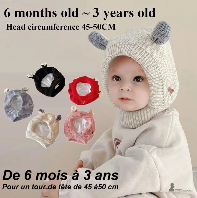 Cagoule Bébé 6 à 36 mois tricot avec oreilles, enfant portant la cagoule grise avec doublure chaude et douce, adaptée de 6 mois à 3 ans pour tour de tête 45-50 cm