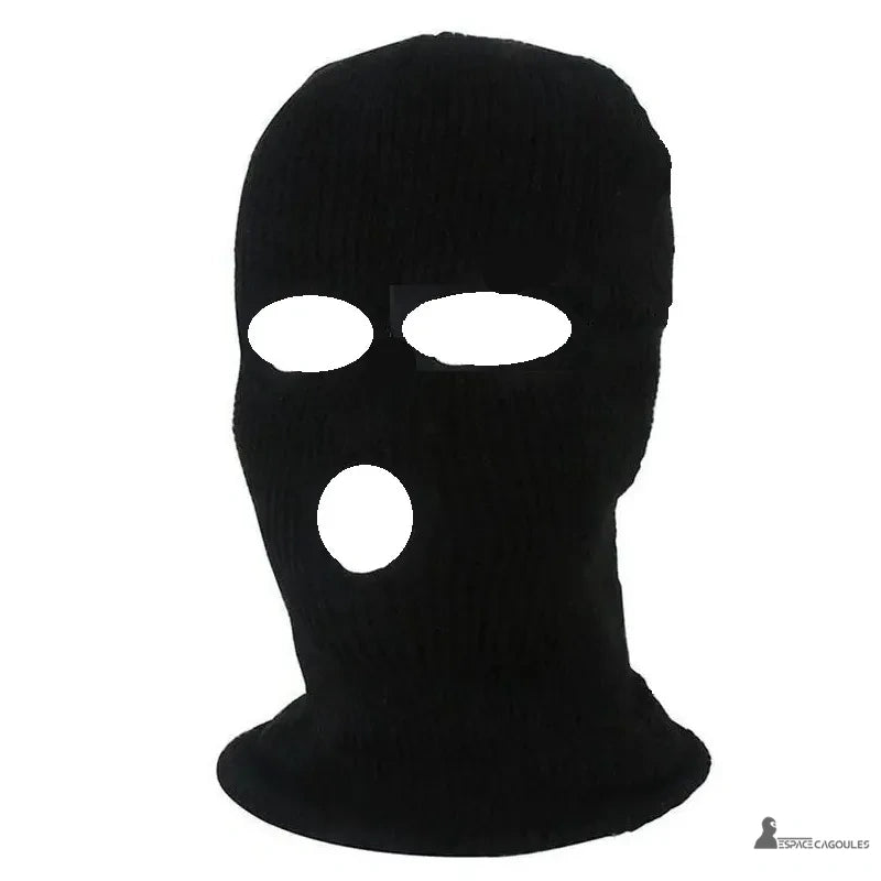 Black open mouth balaclava in knitted wool, three openings for eyes and mouth, photograph on light background, protection against the cold