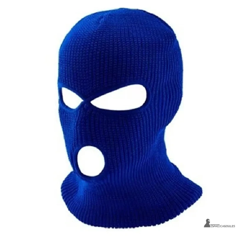 Bright blue open mouth knit balaclava, designed for outdoor and winter activities, product photography on white background