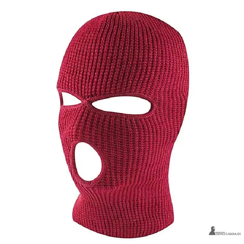 Dark red open mouth balaclava in knitted mesh, suitable for winter sports and outdoor activities, studio photo on white background