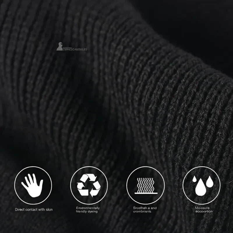 Open-mouth balaclava details black knit fabric, close-up of breathable and soft knit in contact with the skin