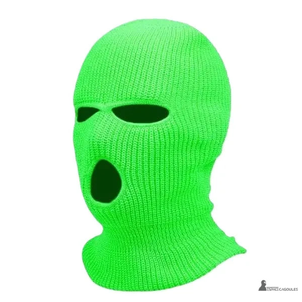 Neon green open-mouth knit balaclava, studio photo, ideal for night and winter activities