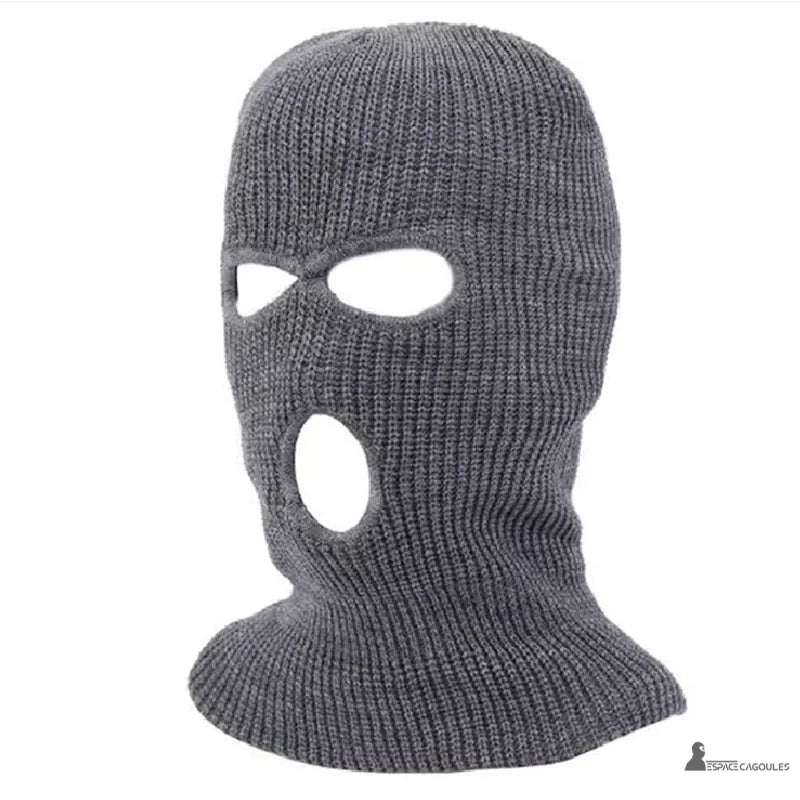 Grey open-mouth balaclava in knitted wool, photograph on white background, suitable for outdoor activities and thermal protection