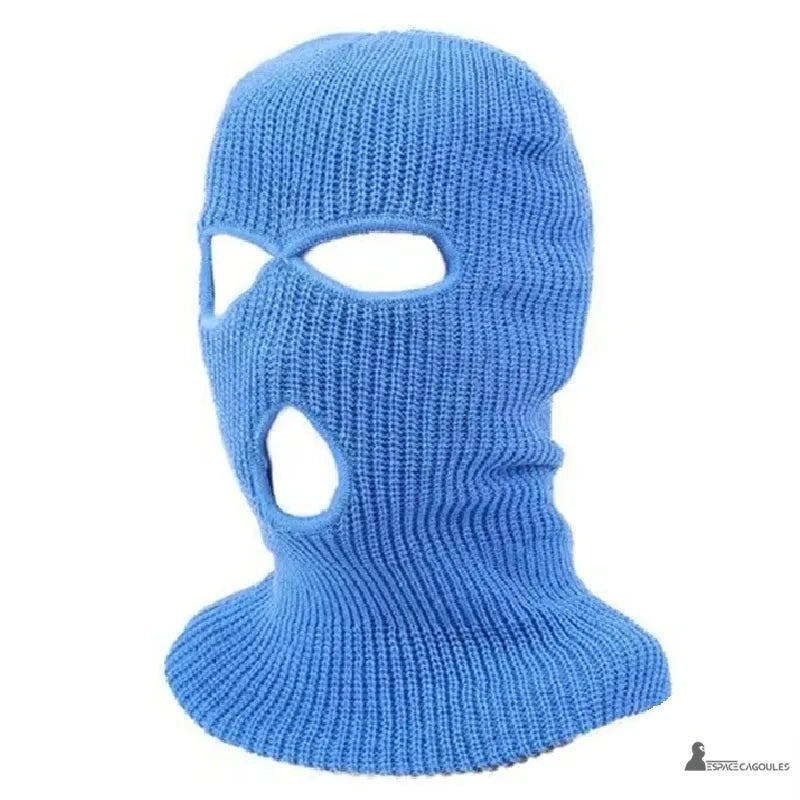 Knitted light blue open-mouth balaclava, three openings, winter protection and thermal comfort, studio photo