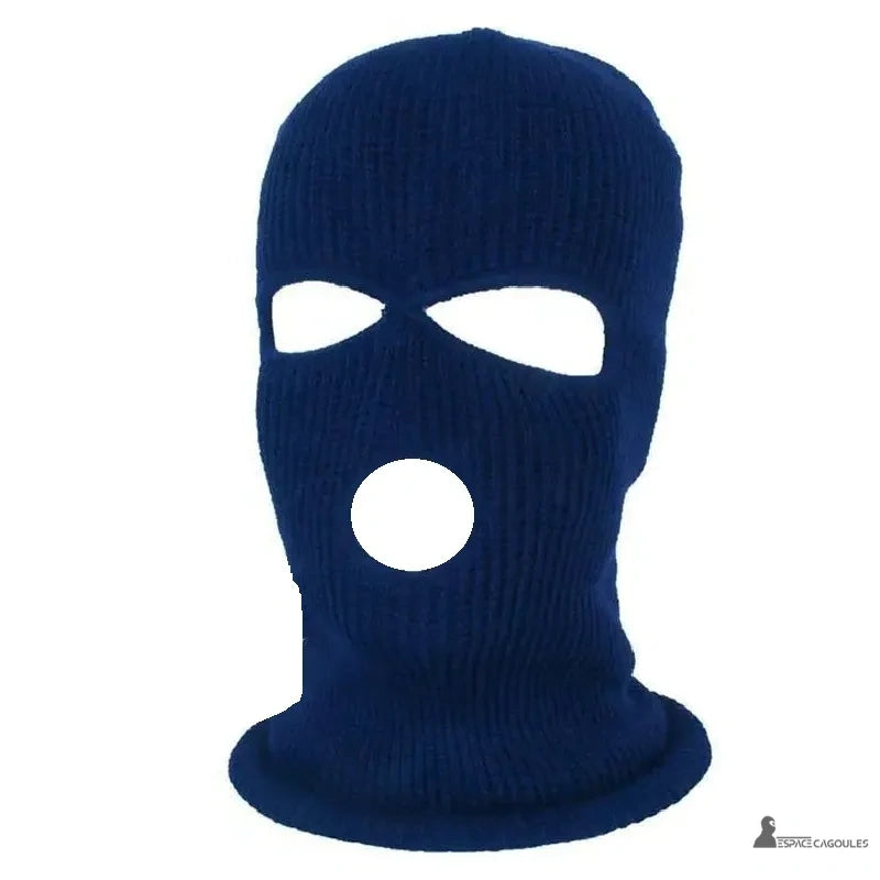 Navy blue knitted open-mouth balaclava, designed for men or women, ideal for outdoor activities in winter, white background