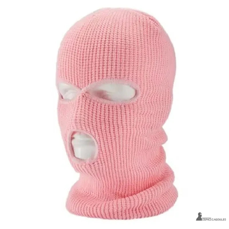 Light pink open mouth balaclava in knitted knit, photography on white background, ideal for winter and outdoor activities