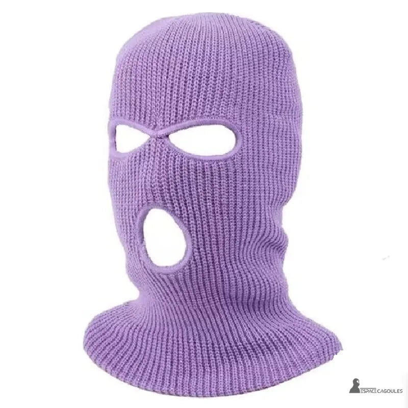 Purple open-mouth balaclava in thick knit, three eye and mouth openings, suitable for winter outings