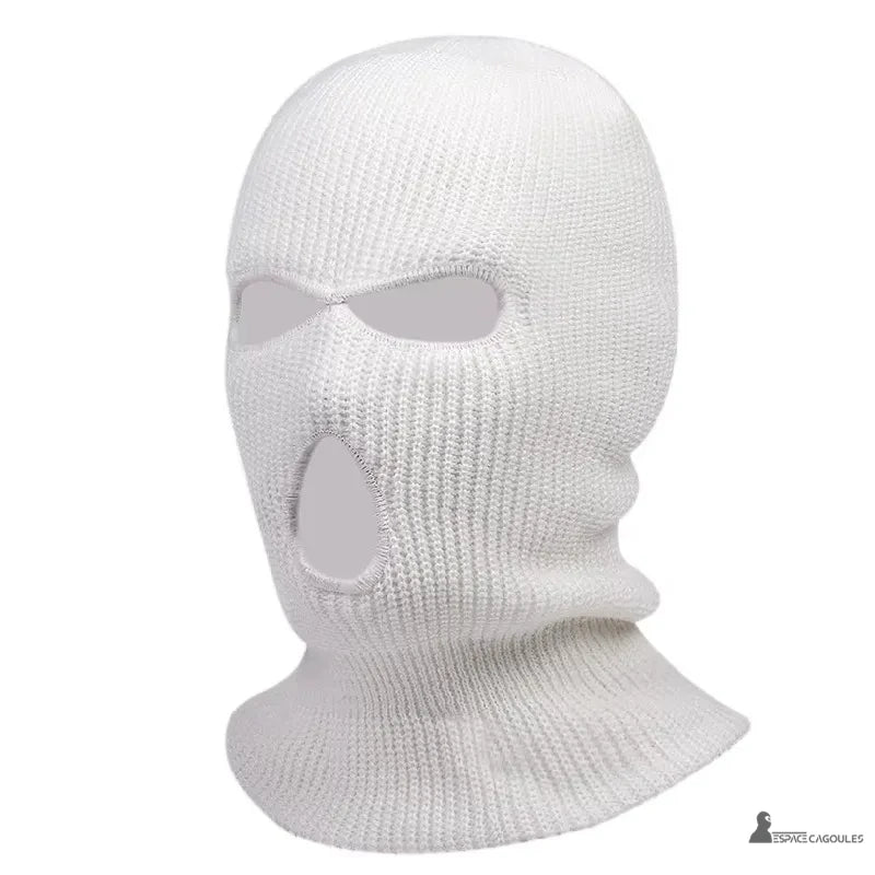White open-mouth balaclava made of knitted wool, studio photography on light background, suitable for winter sports