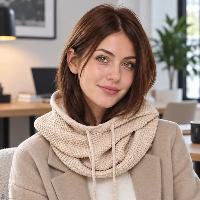 Cagoule cache cou beige portée capuche baissée en col snood à une terrasse de café - Espace Cagoules