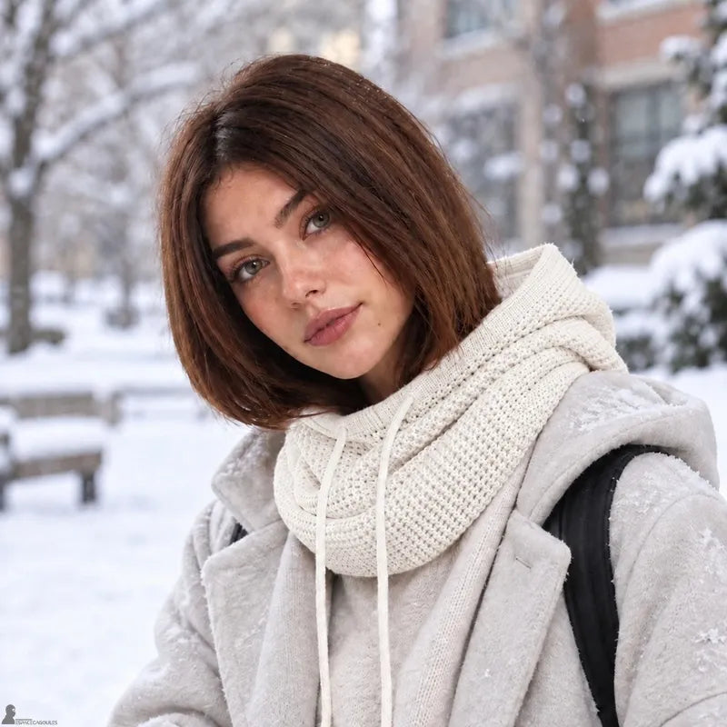 Cagoule cache cou blanc cassé portée capuche baissée en col snood sous la neige - Espace Cagoules
