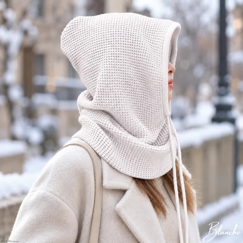 Femme de profil portant la cagoule cache cou blanc cassé capuche relevée en extérieur hivernal - Espace Cagoules