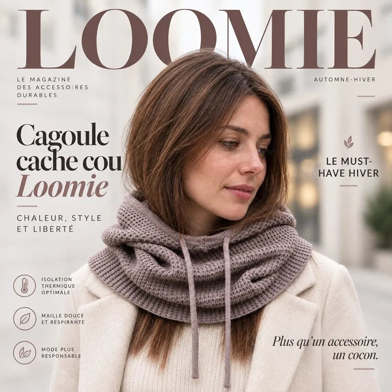 Cagoule cache cou Loomie taupe en couverture de magazine mode automne-hiver - Espace Cagoules