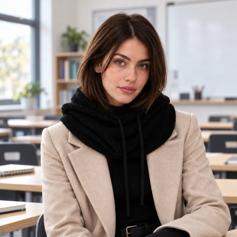 Cagoule cache cou noire portée capuche baissée en col snood dans une salle de classe - Espace Cagoules