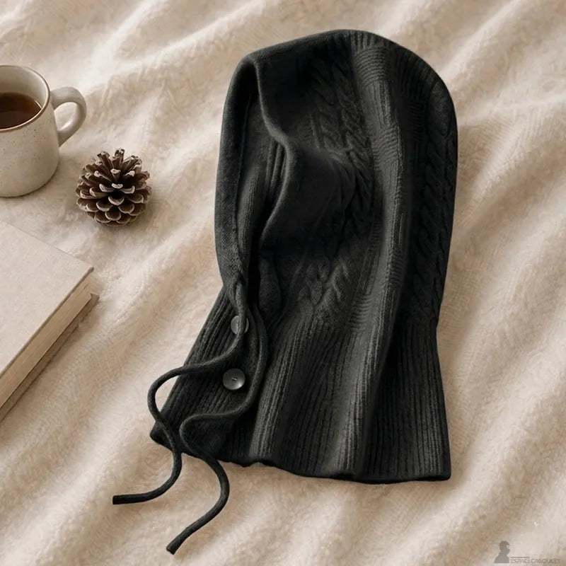 Version gris foncé de cagoule en cachemire pour femme avec maille structurée et cordons latéraux - Espace Cagoules