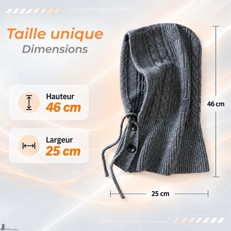 Schéma des dimensions d'une cagoule en maille torsadée, hauteur 46 cm et largeur 25 cm, taille unique - Espace Cagoules