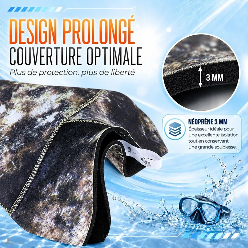 Gros plan sur l'épaisseur néoprène 3 mm et le design prolongé de la cagoule chasse sous marine - Espace Cagoules