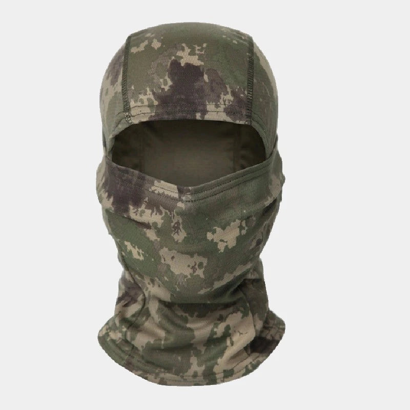 Military camouflage balaclava in a forest green pattern with eye opening, ideal for outdoor activities.