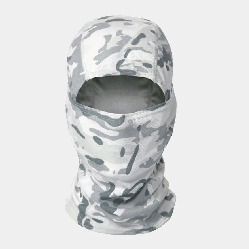 Military camouflage balaclava in snow white pattern, designed for snowy and cold terrain