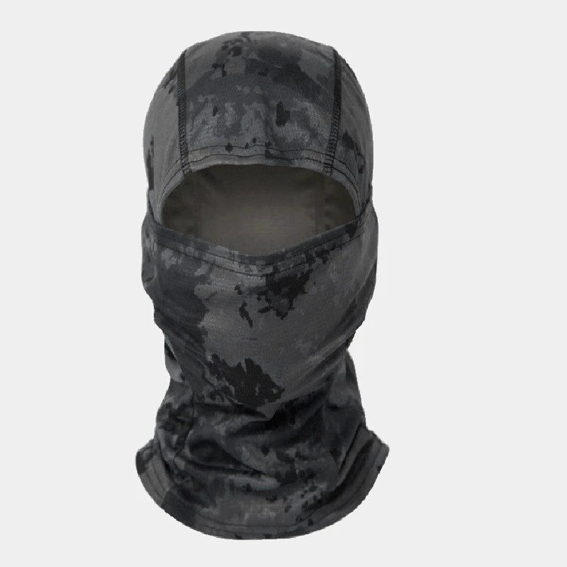 Dark grey military camouflage balaclava, suitable for urban and tactical environments.